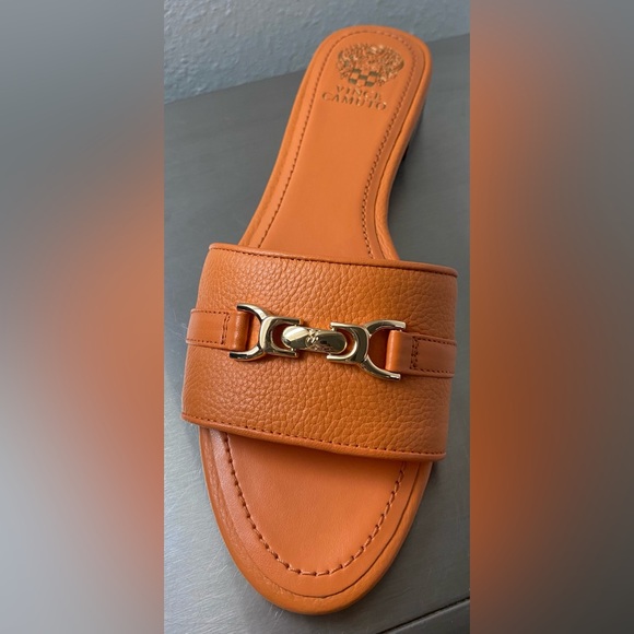 Vince Camuto Shoes - Vince Camuto Orange Leather Mules with Gold Accent